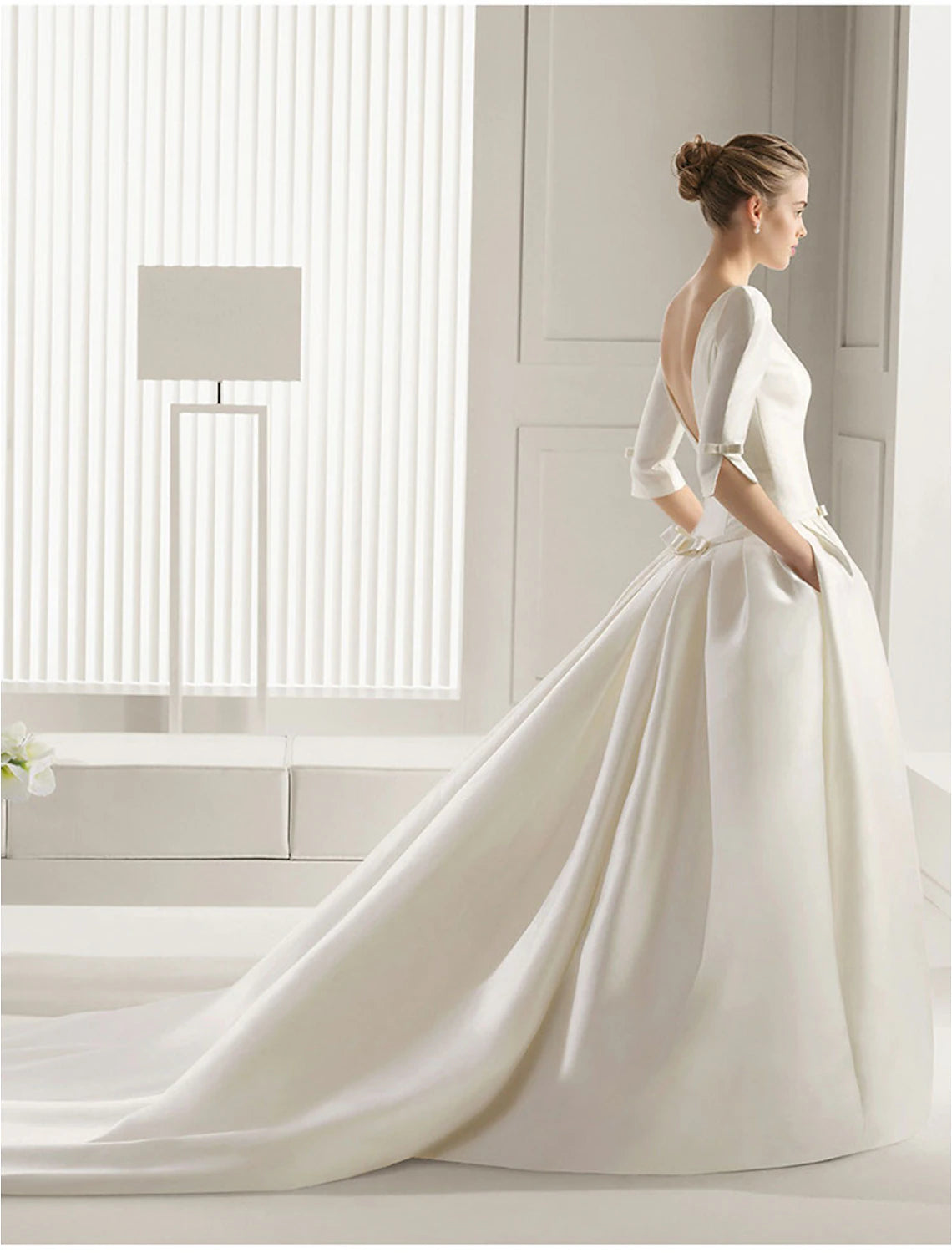 Engagement Formal Fall Wedding Dresses A-Line Scoop Neck Half Sleeve Court Train Satin Bridal Gowns With Bow(s) Pleats  Summer Wedding Party  Women‘s Clothing