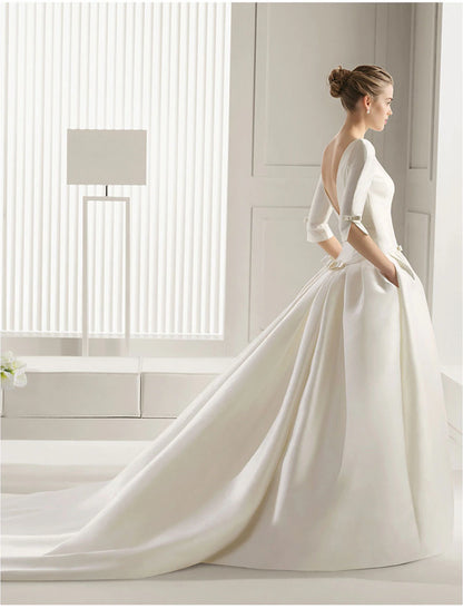 Engagement Formal Fall Wedding Dresses A-Line Scoop Neck Half Sleeve Court Train Satin Bridal Gowns With Bow(s) Pleats  Summer Wedding Party  Women‘s Clothing