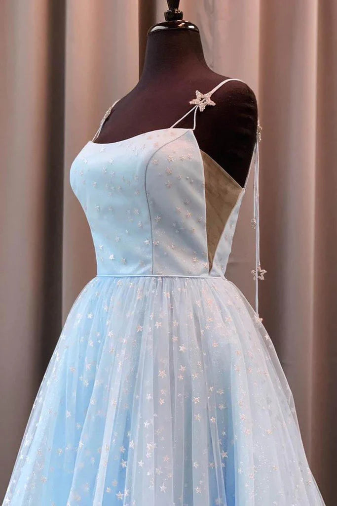 Elegant A-Line Straps Light Blue Long Prom Dress with Stars