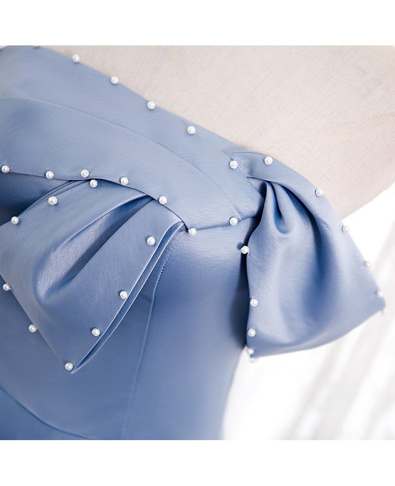 Elegant plain sky blue satin top, sleeveless beaded pearl ball dress, sky blue A-shaped ruffled edge, backless and ground length evening dress