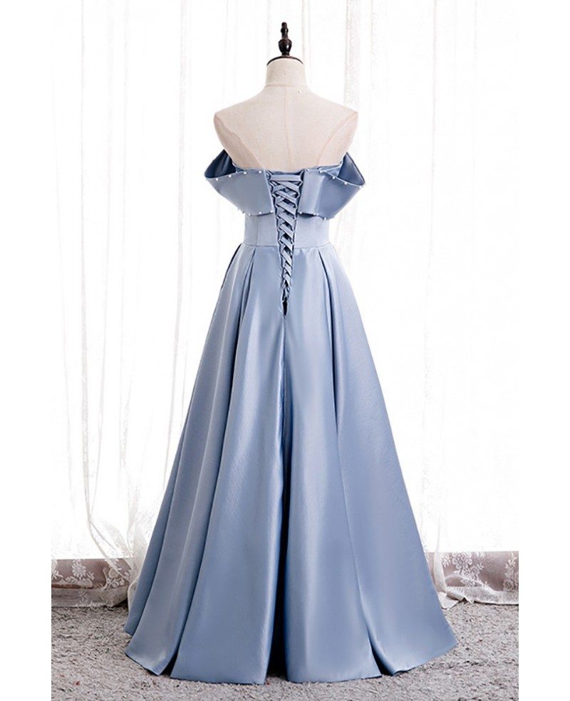 Elegant plain sky blue satin top, sleeveless beaded pearl ball dress, sky blue A-shaped ruffled edge, backless and ground length evening dress