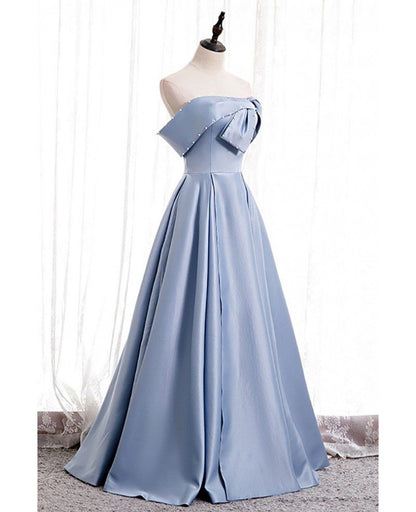 Elegant plain sky blue satin top, sleeveless beaded pearl ball dress, sky blue A-shaped ruffled edge, backless and ground length evening dress