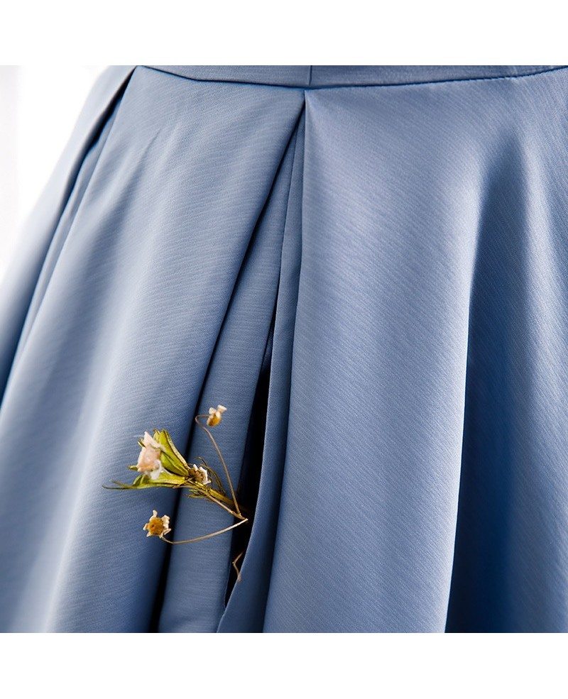 Elegant plain sky blue satin top, sleeveless beaded pearl ball dress, sky blue A-shaped ruffled edge, backless and ground length evening dress