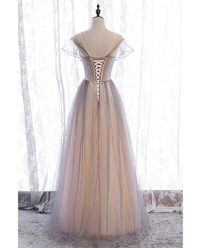 Beautiful Gradient Purple Champagne Perspective Short sleeved Beaded Ball Dress Gradient Princess Neck Sequin sheer ruffle edge backless and ground length evening dress