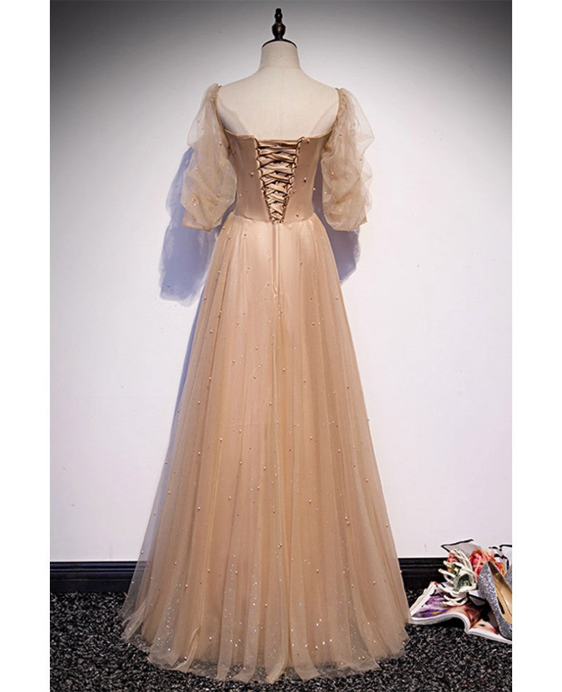 Elegant Champagne Square Neck Fluffy 3/4 Sleeves Sparkling Prom Dress Champagne A-line/Princess Sparkling Star sheer backless and ground length ruffled edge Evening Dress