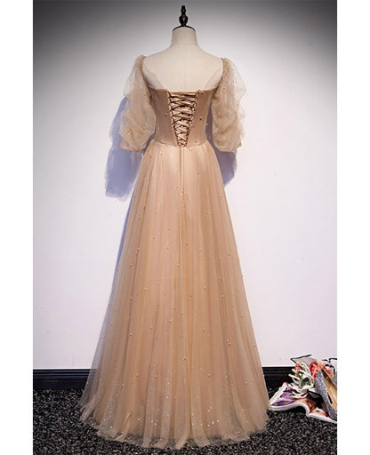 Elegant Champagne Square Neck Fluffy 3/4 Sleeves Sparkling Prom Dress Champagne A-line/Princess Sparkling Star sheer backless and ground length ruffled edge Evening Dress