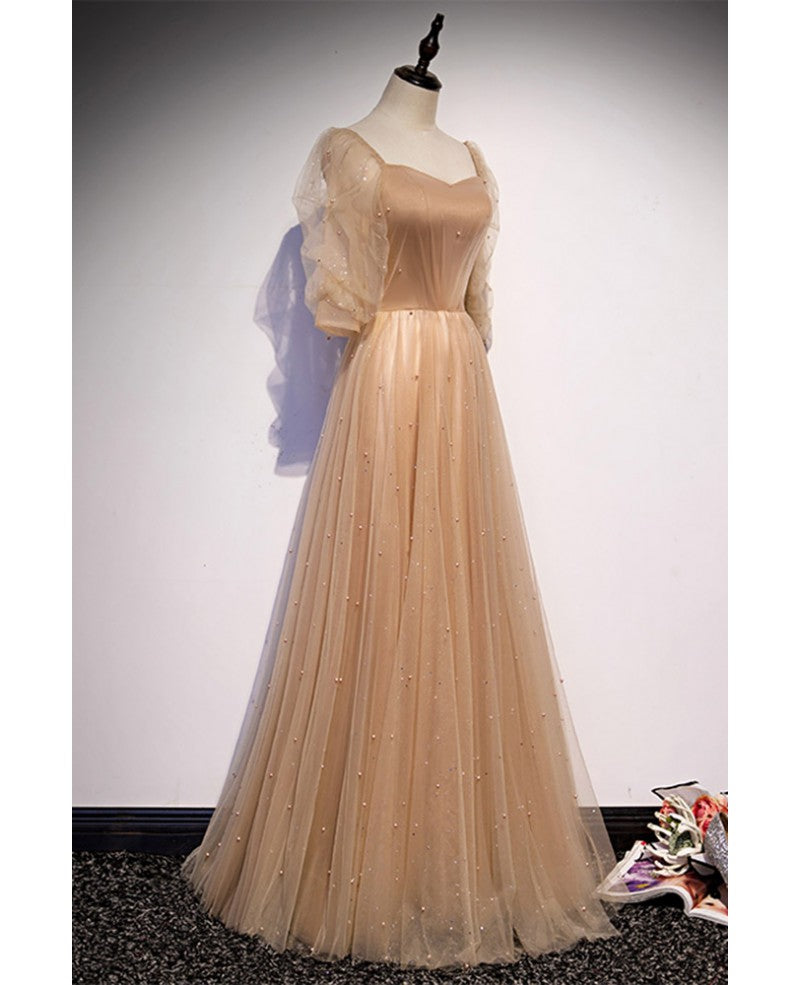 Elegant Champagne Square Neck Fluffy 3/4 Sleeves Sparkling Prom Dress Champagne A-line/Princess Sparkling Star sheer backless and ground length ruffled edge Evening Dress
