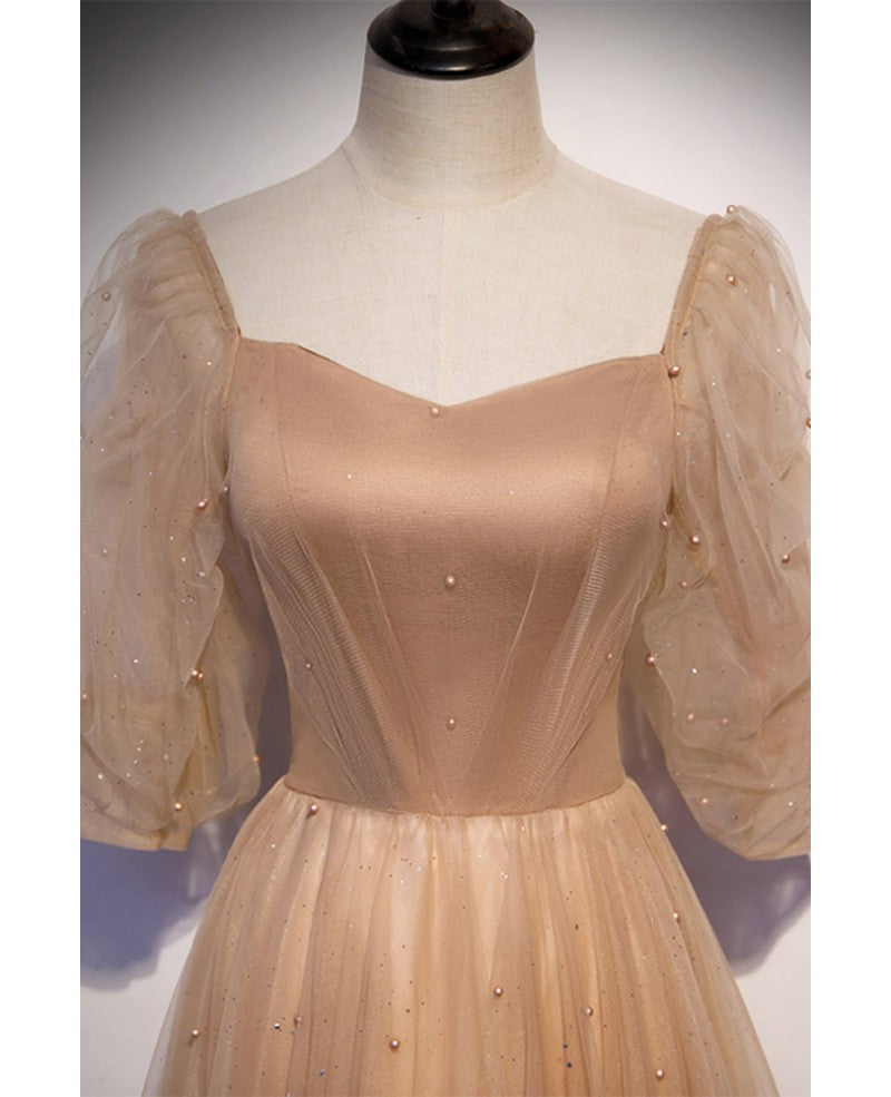 Elegant Champagne Square Neck Fluffy 3/4 Sleeves Sparkling Prom Dress Champagne A-line/Princess Sparkling Star sheer backless and ground length ruffled edge Evening Dress
