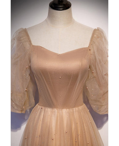 Elegant Champagne Square Neck Fluffy 3/4 Sleeves Sparkling Prom Dress Champagne A-line/Princess Sparkling Star sheer backless and ground length ruffled edge Evening Dress