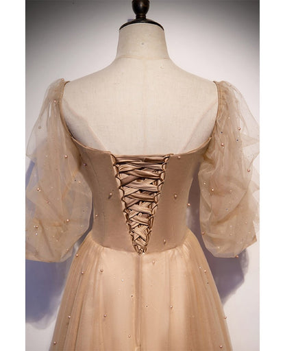Elegant Champagne Square Neck Fluffy 3/4 Sleeves Sparkling Prom Dress Champagne A-line/Princess Sparkling Star sheer backless and ground length ruffled edge Evening Dress