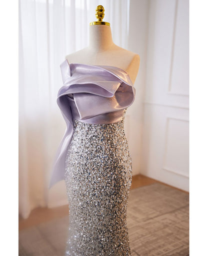 Sparkling lavender sequin strapless and sleeveless ball dress lavender mermaid backless sweeping and trailing evening dress