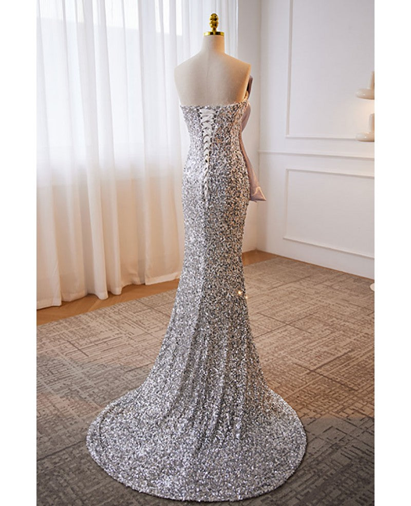 Sparkling lavender sequin strapless and sleeveless ball dress lavender mermaid backless sweeping and trailing evening dress