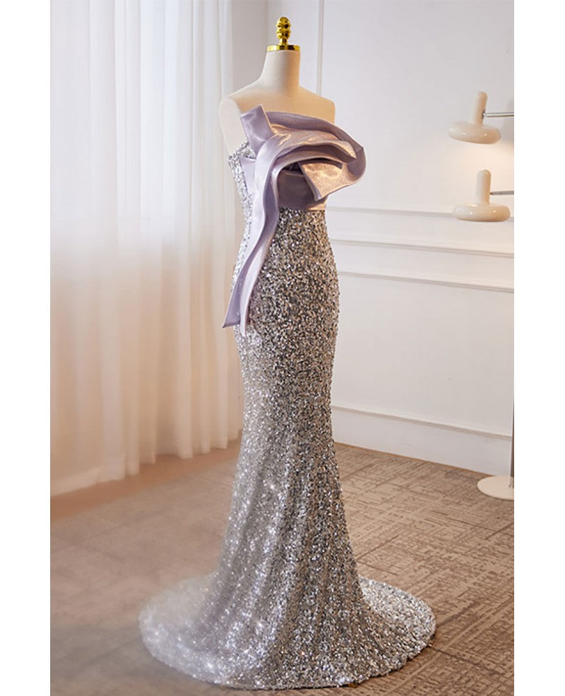 Sparkling lavender sequin strapless and sleeveless ball dress lavender mermaid backless sweeping and trailing evening dress