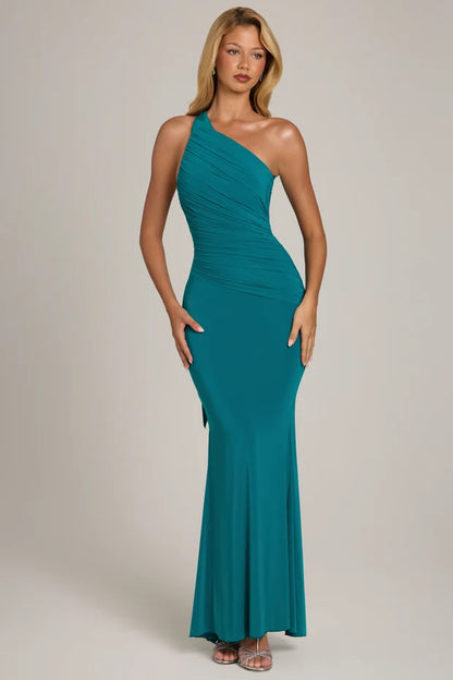 elegant mermaid one shoulder sleeveless open back tie long prom dress