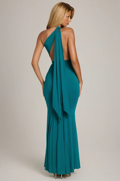 elegant mermaid one shoulder sleeveless open back tie long prom dress