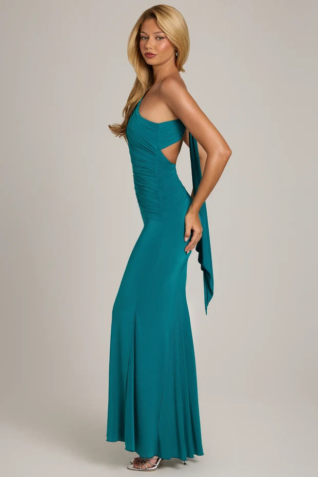 elegant mermaid one shoulder sleeveless open back tie long prom dress
