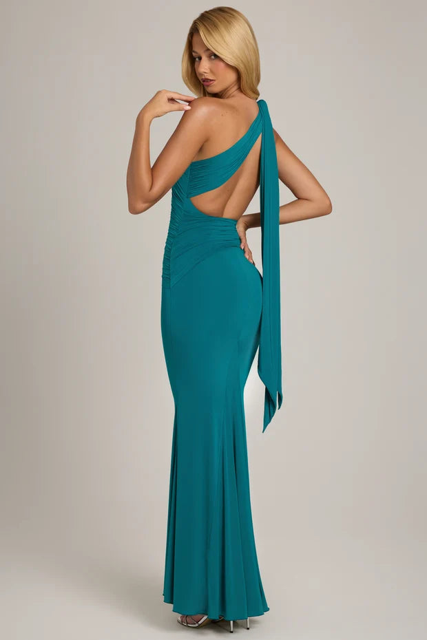 elegant mermaid one shoulder sleeveless open back tie long prom dress