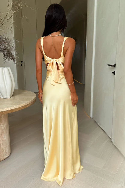 Elegant Satin Deep V-Neck Cutout Waist Back Tie Maxi Evening Dress