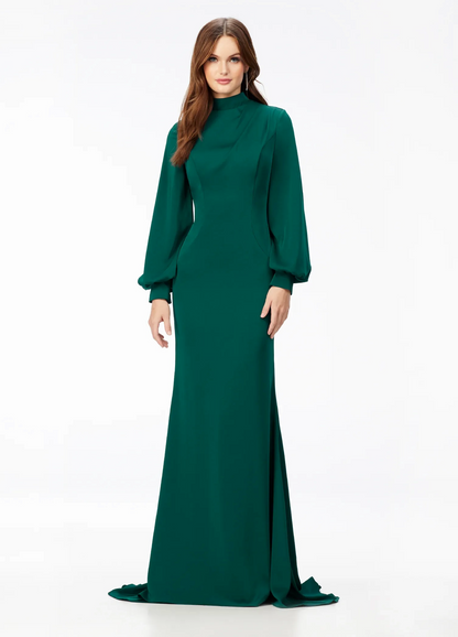 emerald mermaid high neck bishop sleeve long prom dress