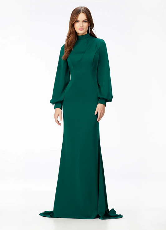 emerald mermaid high neck bishop sleeve long prom dress