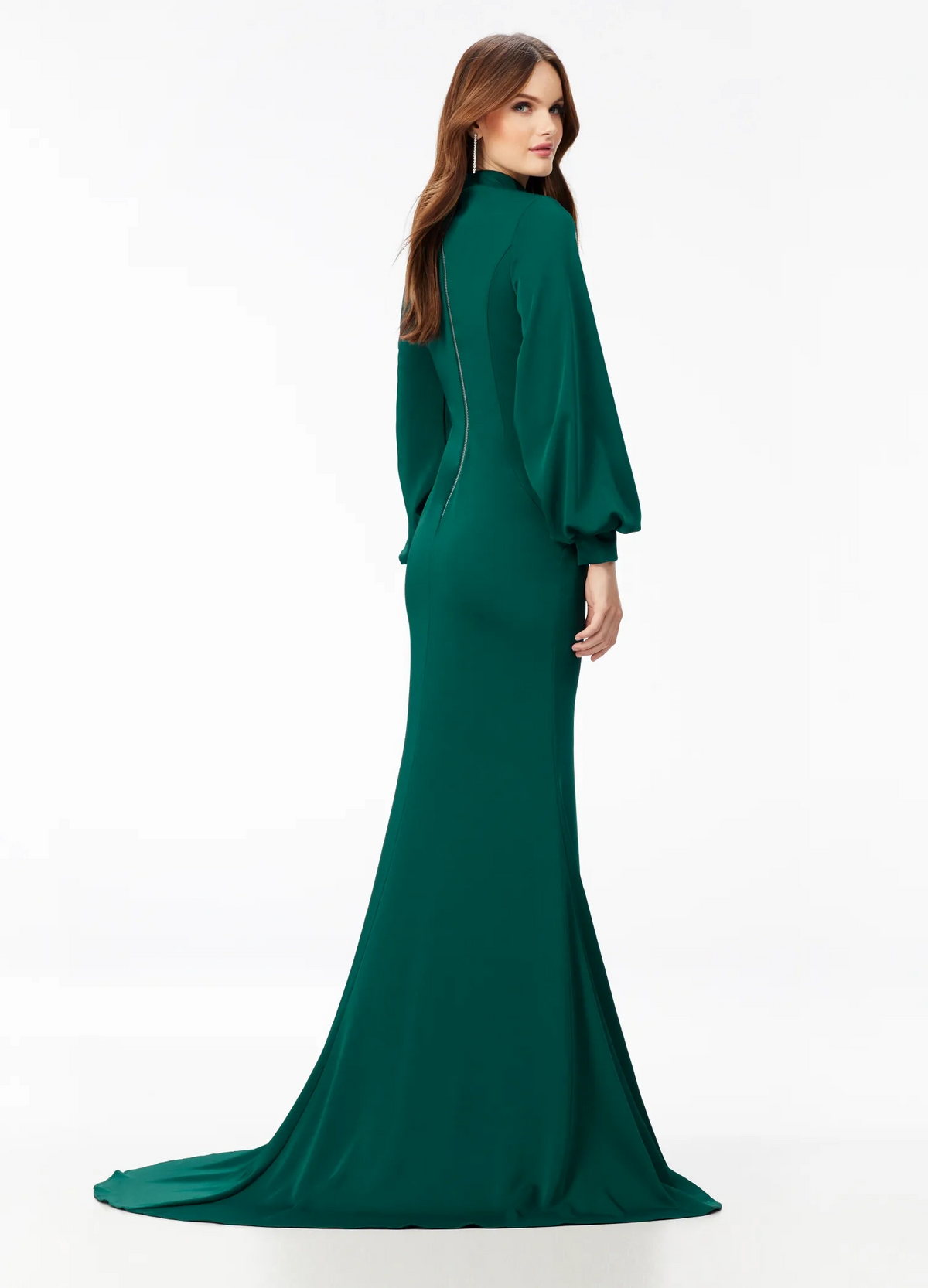 emerald mermaid high neck bishop sleeve long prom dress