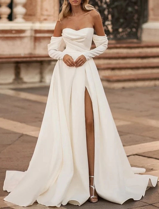 Hall Simple Wedding Dresses A-Line Off Shoulder Long Sleeve Court Train Satin Bridal Gowns With Split Front Solid Color