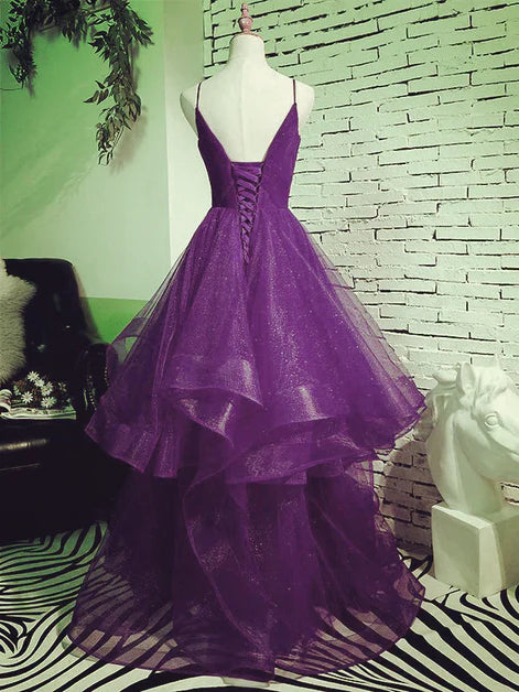 Beautiful deep purple sheer formal dress, deep purple V-neck shoulder strap backless evening dress