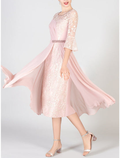 A-Line Mother of the Bride Dress Formal Wedding Guest Elegant Bateau Neck Scoop Neck Knee Length Chiffon Lace Half Sleeve with Crystals Appliques Solid Color