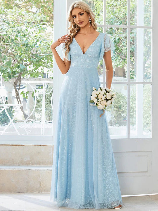 Double V Neck Long Lace Evening Dress with Ruffle Sleeves