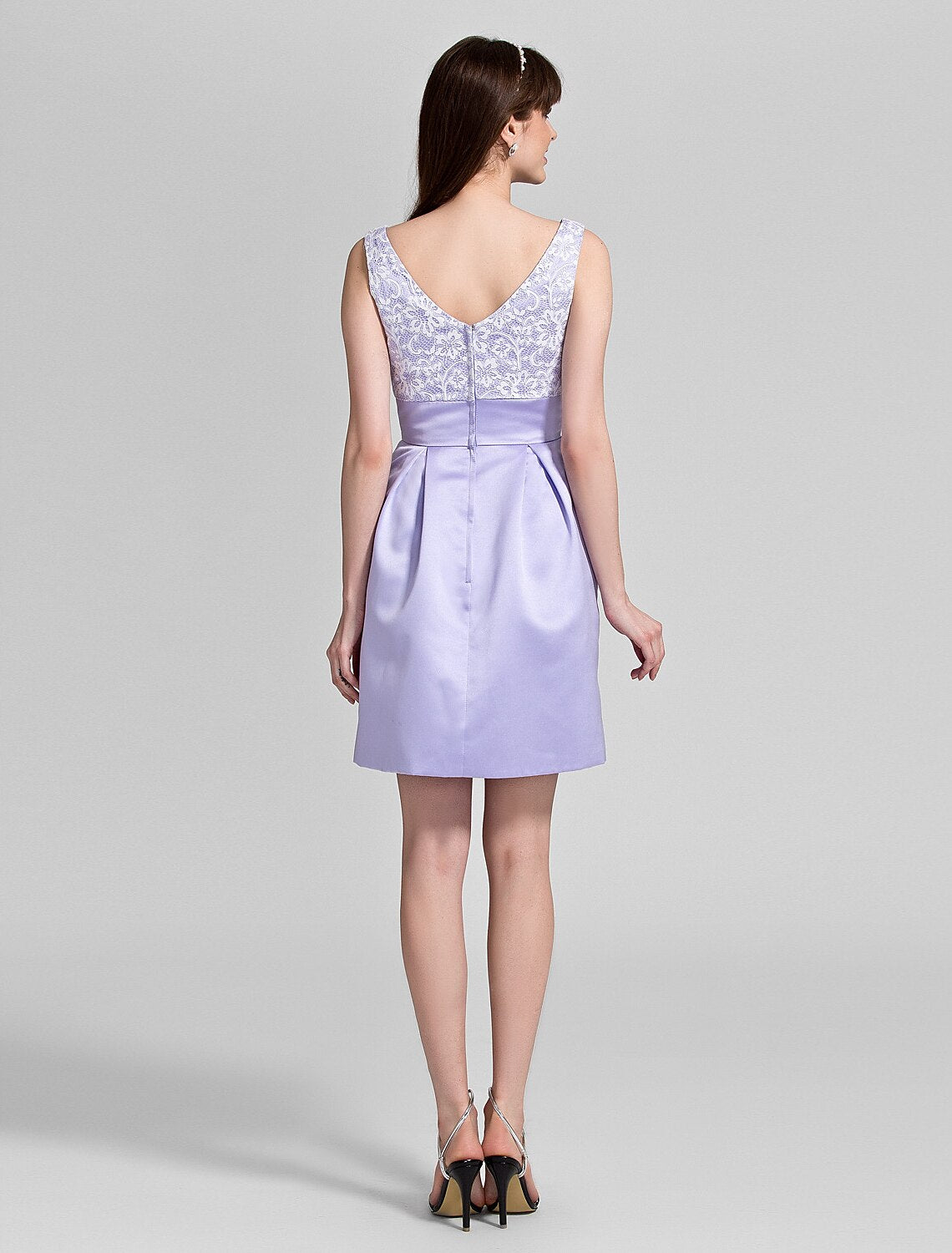 A-Line V Neck Knee Length Lace / Satin Bridesmaid Dress with Bow(s) / Crystals / Lace