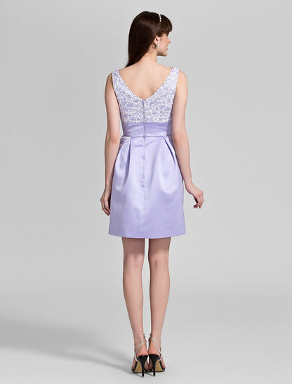 A-Line V Neck Knee Length Lace / Satin Bridesmaid Dress with Bow(s) / Crystals / Lace