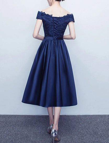 A-Line Cocktail Dresses Elegant Dress Wedding Guest Party Wear Tea Length Short Sleeve Off Shoulder Satin with Sash / Ribbon Bow(s) Pleats