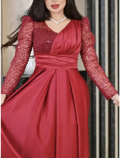 A-Line Evening Gown Elegant Dress Formal Sweep / Brush Train Long Sleeve V Neck Satin with Pleats Ruched Sequin
