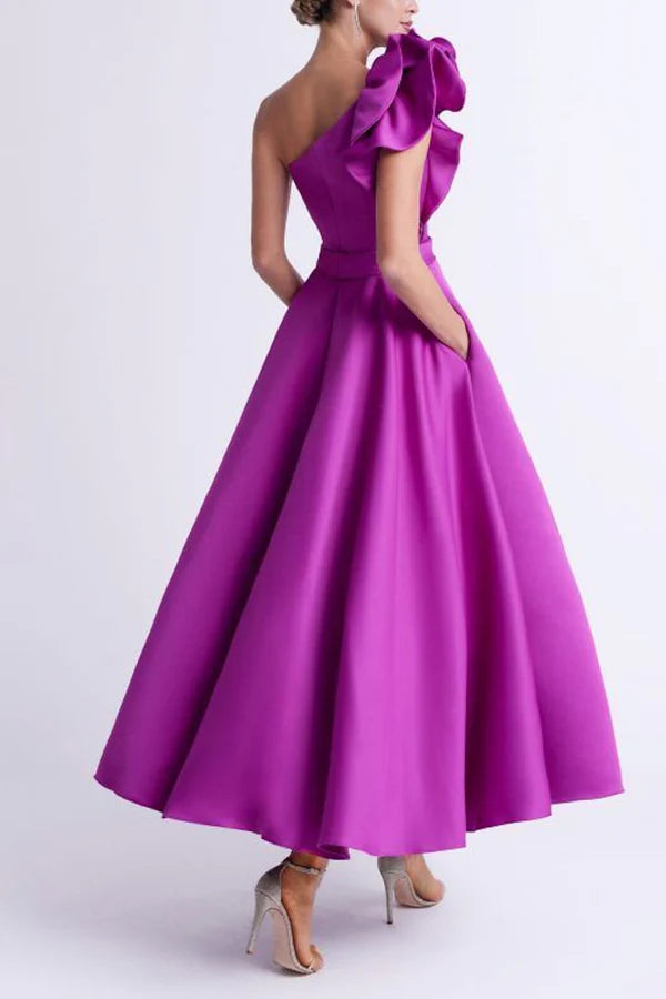Satin A-shaped single shoulder ruffled edge pocket mother of the bride dress