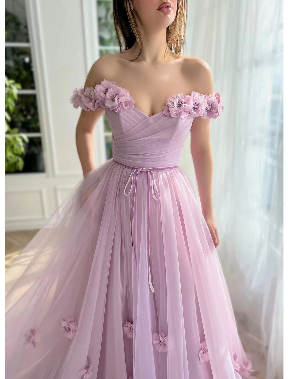 A-Line Evening Gown Empire Dress Wedding Guest Prom Floor Length Short Sleeve Sweetheart Cotton Backless with Slit Appliques Strappy