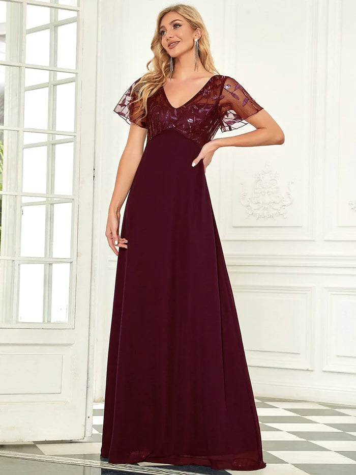 Sequin Print Evening Dresses for Women with Sleeves