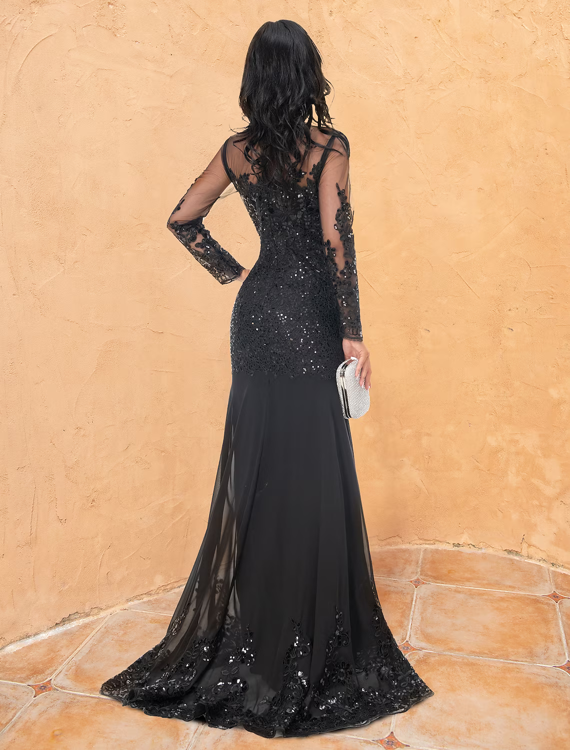 Evening Gown Elegant Dress Formal Long Sleeve Lace with Beading Embroidery
