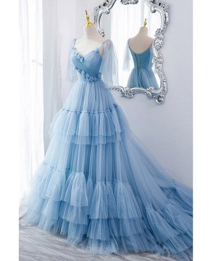 Beautiful sky blue pleated V-neck short sleeved ball dress with sky blue sheer A-line backless and ground length evening dress