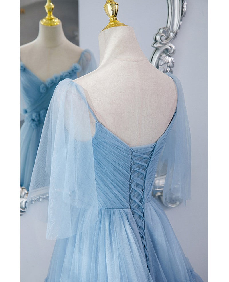 Beautiful sky blue pleated V-neck short sleeved ball dress with sky blue sheer A-line backless and ground length evening dress