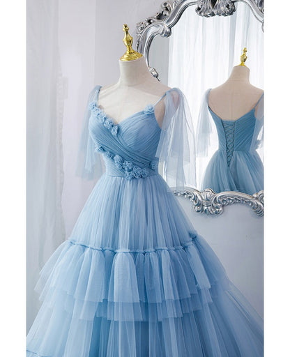 Beautiful sky blue pleated V-neck short sleeved ball dress with sky blue sheer A-line backless and ground length evening dress