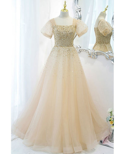 Sparkling champagne princess square neck short sleeved sequin ball dress champagne A-line backless and floor length evening dress