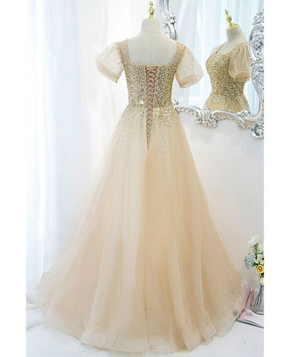 Sparkling champagne princess square neck short sleeved sequin ball dress champagne A-line backless and floor length evening dress
