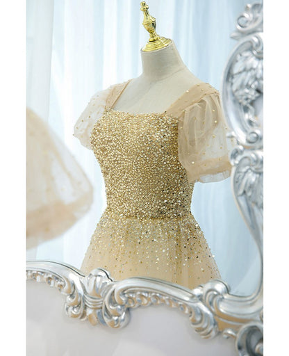 Sparkling champagne princess square neck short sleeved sequin ball dress champagne A-line backless and floor length evening dress
