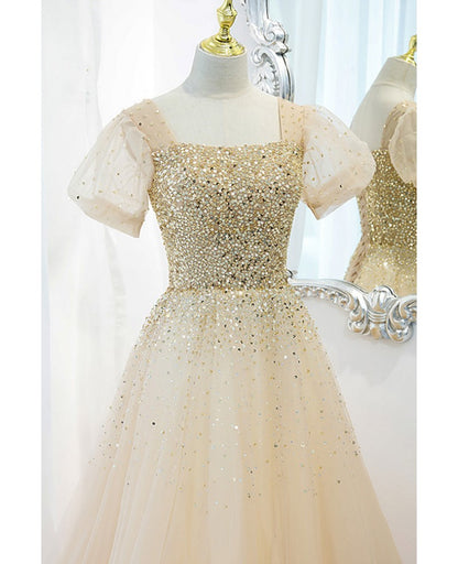 Sparkling champagne princess square neck short sleeved sequin ball dress champagne A-line backless and floor length evening dress