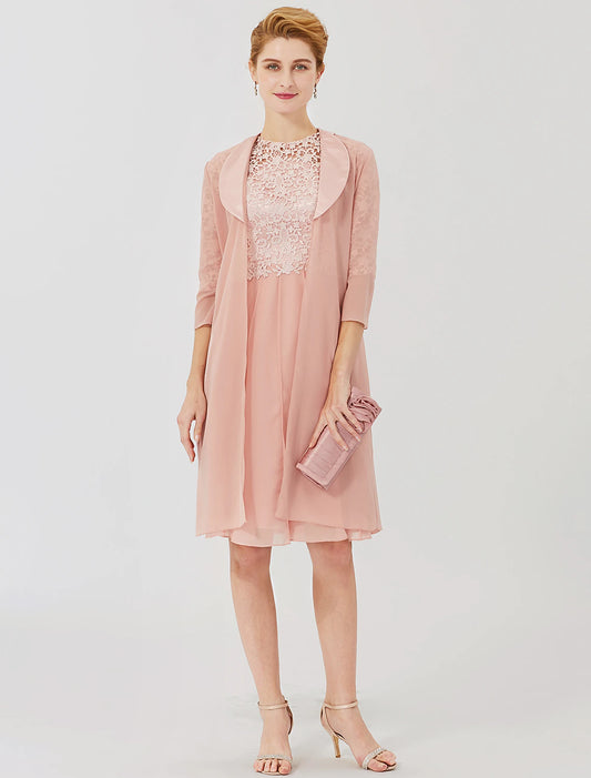 Ball Gown Mother of the Bride Dress Formal Classic & Timeless Elegant & Luxurious Convertible Dress Illusion Neck Knee Length Chiffon Floral Lace 3/4 Length Sleeve with Crystal Brooch