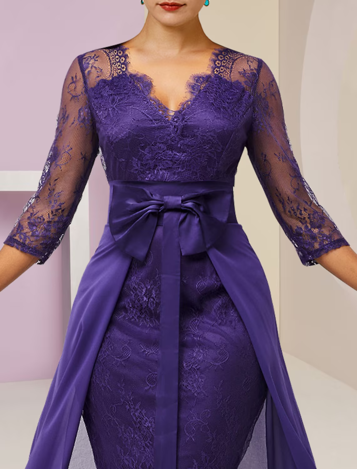 Two Piece Mother of the Bride Dress Formal Wedding Guest Elegant detachable V Neck Knee Length Chiffon Lace Sleeve with Bow(s)