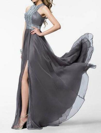 A-Line Evening Gown Empire Dress Prom Formal Evening Sweep / Brush Train Sleeveless Jewel Neck Chiffon with Crystals Split Front