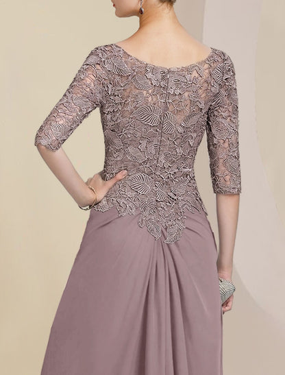Sheath / Column Mother of the Bride Dress Formal Wedding Guest Elegant Scoop Neck Floor Length Chiffon Lace Half Sleeve with Appliques