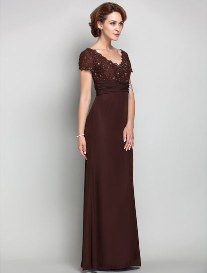 Sheath / Column Mother of the Bride Dress Vintage Inspired Scalloped Neckline V Neck Floor Length Chiffon Lace Short Sleeve with Ruched Sequin Crystal Brooch