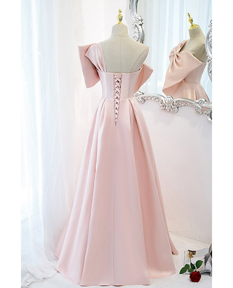 Beautiful and minimalist pink satin sleeveless off shoulder ball dress with pink satin A-line/princess strapless butterfly tie and ground length evening dress